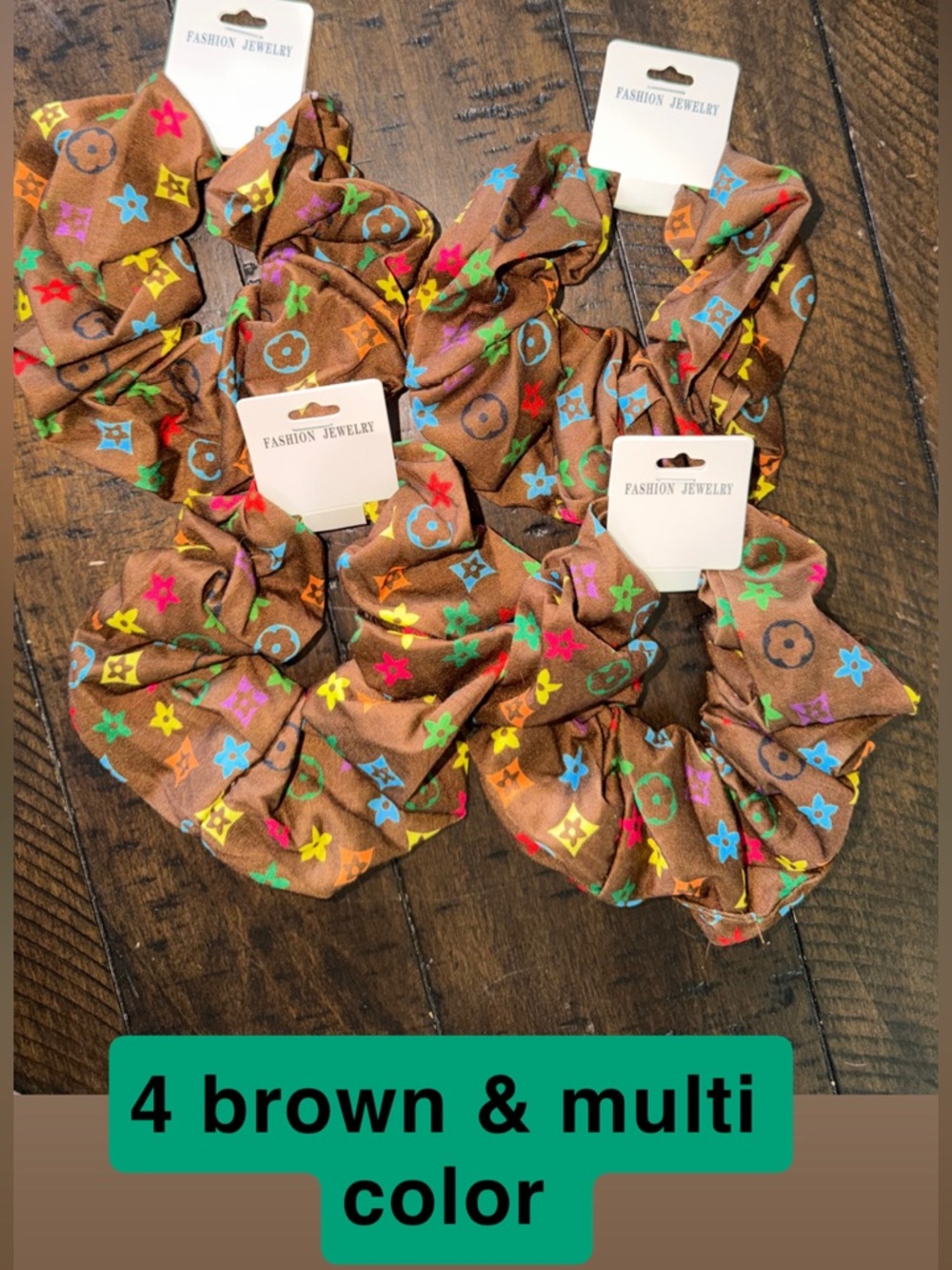 Fashion Brown Scrunchie with Multi-Color monogram